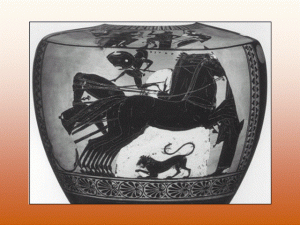 This vase shows the chariot race Achilles set up for Patroklos around his tomb.