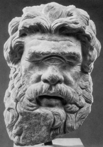 A bust of Polyphemus, the leader of the Cyclopes on the island.