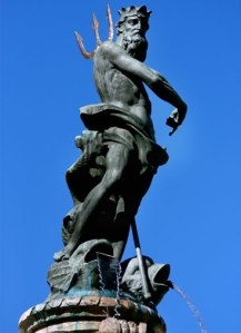 This statue depicts Poseidon, the god of the sea. He is seen with his golden trident, his weapon of choice.